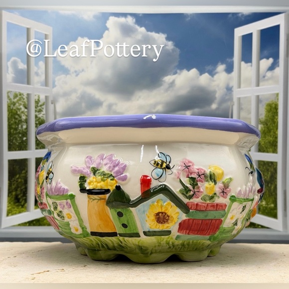 Vintage Decoware Fine Pottery Birdhouse & Garden Relief Planter Bowl - Picture 5 of 9